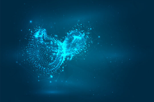 Abstract 3D shape of glowing dots on a blue background
