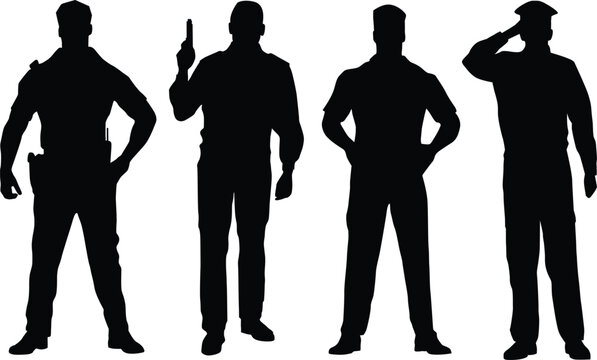 Police officer silhouette vector illustration, law enforcement, security, uniformed officers, public safety, authority, teamwork, protection