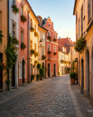 Obraz premium Charming cobblestone street in a historic European town with colorful buildings at sunrise