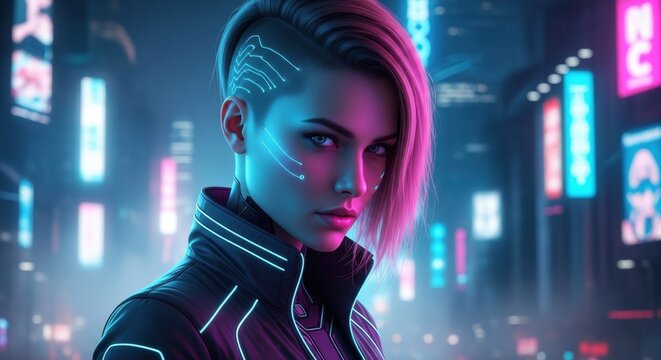 Cyberpunk Woman: A striking cyberpunk woman with an undercut hairstyle and glowing neon facial markings poses against a blurred backdrop of a futuristic city illuminated by vibrant, colorful lights.