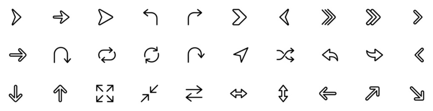 Collection of various arrow icons including directional, curved, double, and shuffle style arrows in black outline design on transparent background