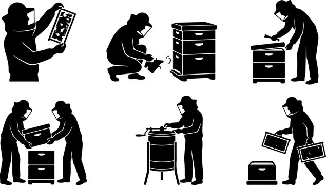 Set of beekeeper icons, apiary work, honey production, vector illustration vector illustration