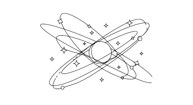Abstract atom model with orbiting electrons and stars, line art, science and technology concept.