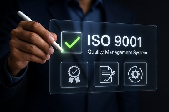 Professional uses a stylus to select the iso 9001 certification option on a digital interface representing a quality management system.