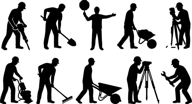 Set of construction worker silhouettes isolated on white background 