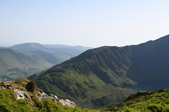 a view from the top of Cadair Idris in wales in southern Snowdonia along the Minffordd Path