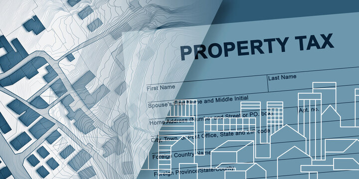 PROPERTY TAX FORM CONCEPT WITH URBAN MAP AND RESIDENTIAL BUILDINGS - THIS IMAGE ILLUSTRATES PROPERTY ASSESSMENT, REAL ESTATE OWNERSHIP, TAXATION, MUNICIPAL RECORDS AND CADASTRAL PLANNING FOR HOUSING