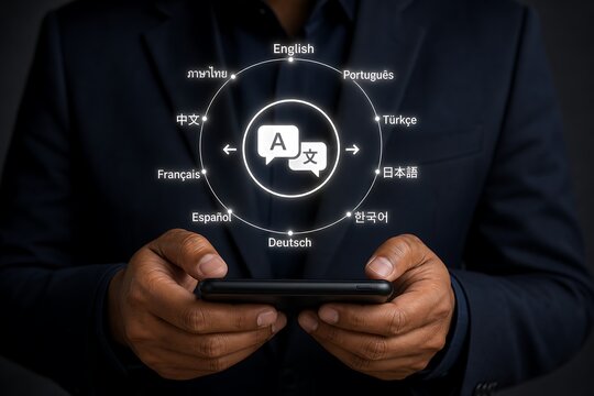Person uses a smartphone app displaying multiple language translation options including english portuguese turkish and more