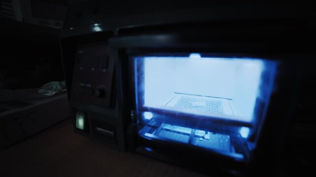 Dental workshop equipment with uv light polymerizing a dental tray inside a curing oven machine