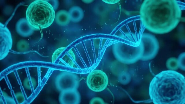3D render of DNA double helix with microscopic cells. Suitable for education, science, medical presentation, biology, and research.
