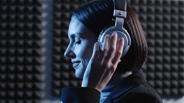 caucasian woman wearing headphones in recording studio with acoustic foam panels. female podcaster listening audio. voiceover artist, broadcasting, music production, radio host.