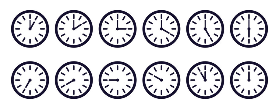 Time zone and schedule outline clock icons with different hours from 1 to 12 vector. analog clock faces and timeline. vector illustration.