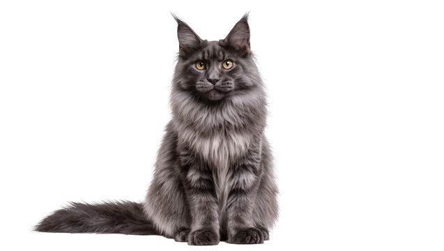Maine Coon cat sitting grey fur, yellow eyes