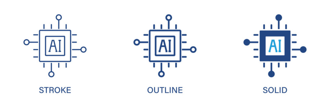 Artificial Intelligence icon with editable stroke, outline and solid styles. AI, machine learning, automation, artificial intelligence icons. Vector icon illustration.
