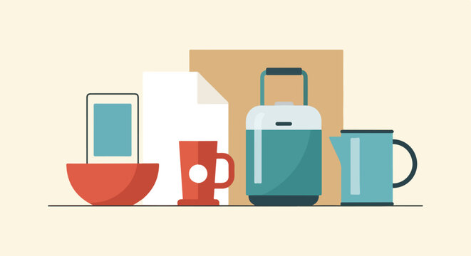 This flat vector illustration features a collection of household items like a red bowl, mug, cooler, and kettle against a neutral background.