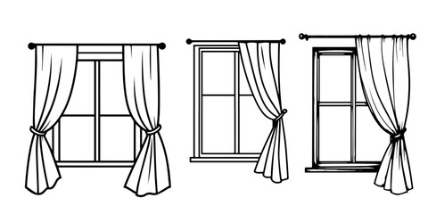 windows with curtains. black and white linear sketch. Vector illustration. A simple drawing is isolated on a white background. For children's coloring books, educational materials, and design layouts. © Elena