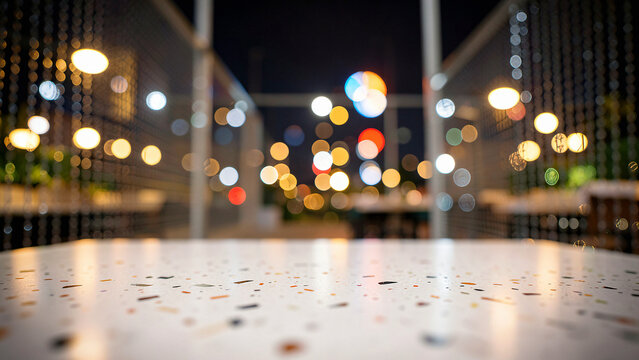 Terrazzo Tabletop With Embedded Marble Flecks on Chic Rooftop Lounge with Ambient Warm Uplighting Lu