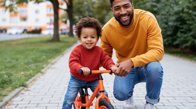 Father and son enjoying a ride on a balance bike outdoors on a paved path