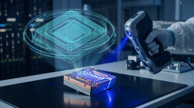 Technologist scanning microchip with 3d laser scanner in data center lab