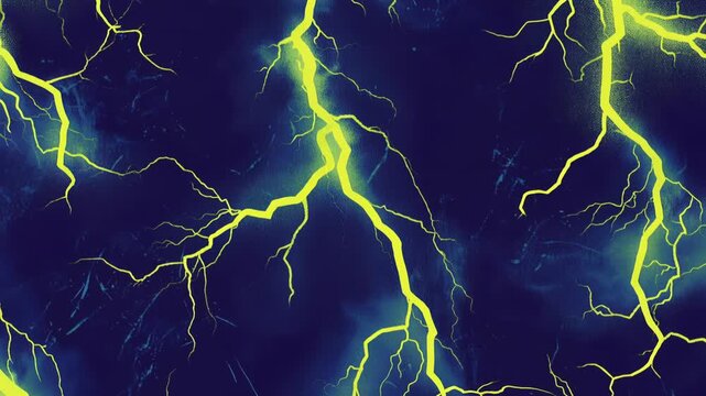 Energetic yellow lightning bolts flashing across a dark blue, stormy sky background
