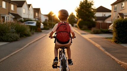 Naklejka premium Young child rides a bicycle with a backpack and helmet at sunset