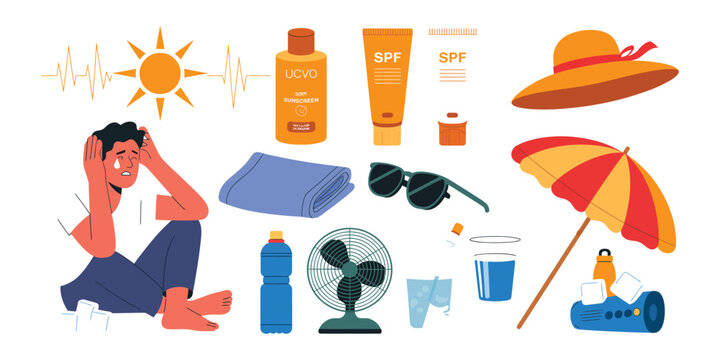 Summer heatwave survival icon set featuring sunscreen, fan, drinking water, and sun protection symbols for hot weather safety