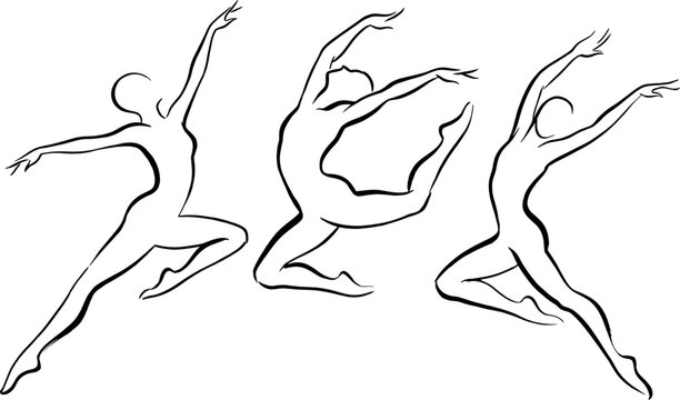 Set of three graceful ballet dancers in dynamic poses, minimalist black line art illustration