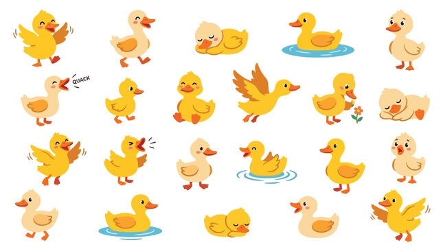 Collection of cute yellow ducklings in various poses and activities, perfect for children's illustrations and designs.