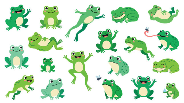 Collection of cute cartoon frogs in various poses and expressions, isolated on a white background.