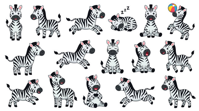 Collection of cute cartoon zebras in various poses and activities, perfect for children's illustrations.