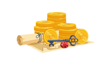 Pirate Treasure Map, Gold Coins, Key, and Ruby - Vector Illustration © Ndomik