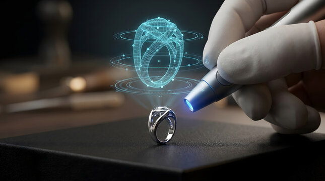 Gloved hand using futuristic holographic projector to design intricate luxury jewelry ring showcasing innovation in bespoke craftsmanship and digital modeling for high end