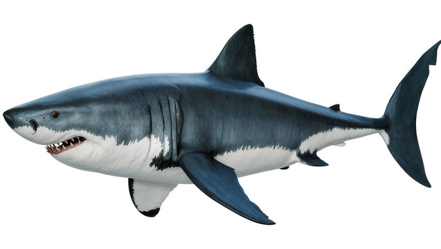 Great white shark with sharp teeth and dark blue grey skin