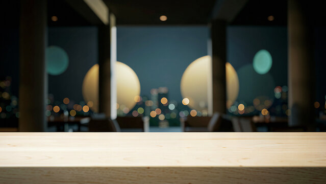 Blonde Maple Wooden Bar Top on Contemporary Outdoor Sky Lounge with Architectural Columns Luxury Cit