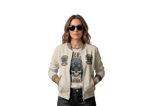 Woman In Sunglasses Wearing Bomber Jacket And Jeans Mockup
