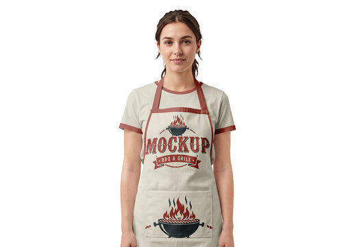 Woman Wearing Apron And T Shirt Mockup