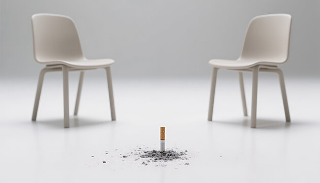Two empty chairs facing each other with a cigarette in the center  