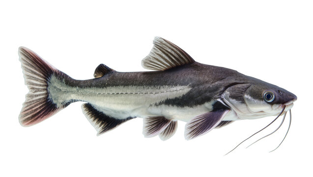 Dark grey catfish with white stripes and long barbels