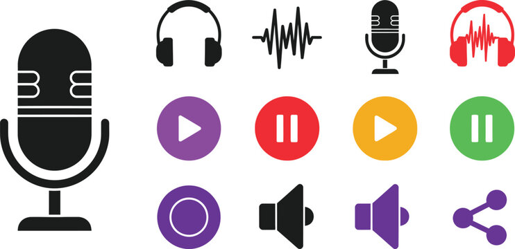 Microphone and Headset Icons Flat Vector Set with Audio Waveform, Play Button, and Share Graphics