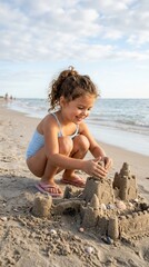Little girl building sandcastle on beach