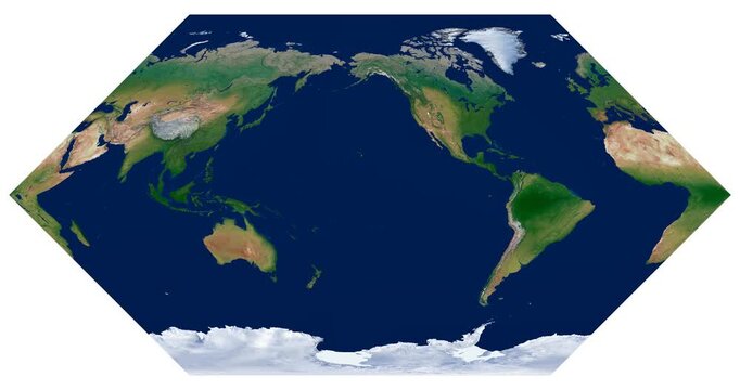 World Map. Eckert I projection animation with smooth longitude rotation. High-detail physical map of Earth. Educational and scientific visualization.