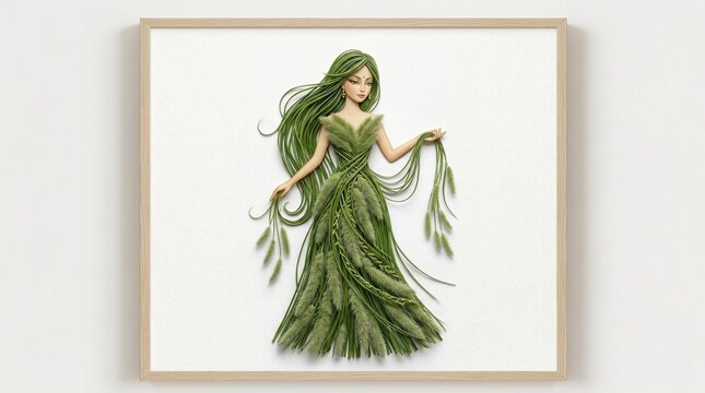 Green haired woman in leafy dress isolated