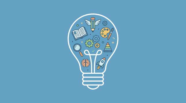 Creative idea light bulb icon with colorful symbols.