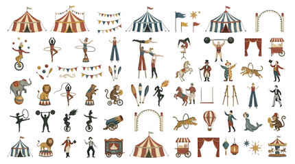 Collection of circus elements including tents, performers, animals, and attractions, presented in a flat design style. © Eza