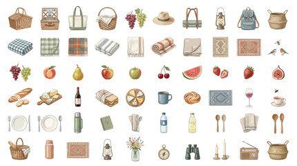 A charming collection of watercolor illustrations depicting various items for a delightful picnic outing, perfect for summer leisure.