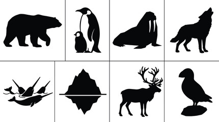 Arctic and Antarctic wild animals black silhouettes set icon collection isolated on white background vector illustration © jamal