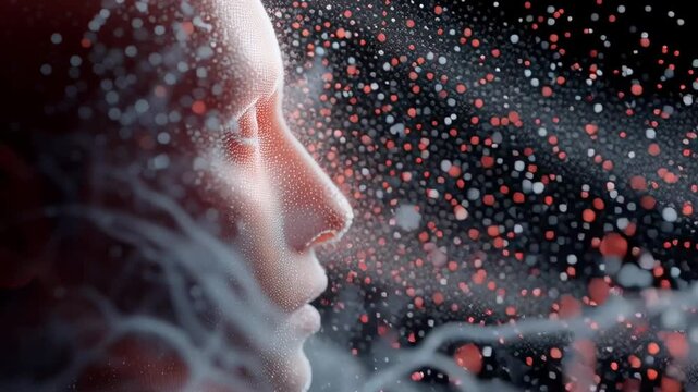 Human face dissolves into glowing particles. Soft light reveals emotional vulnerability. Abstract decay evokes introspection or transformation. Ideal for AI, neuroscience, or digital identity themes