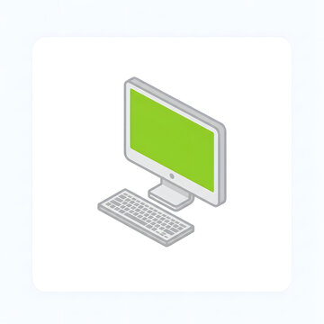 Isometric modern computer setup with monitor keyboard green screen display.