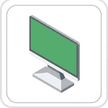 Isometric modern computer monitor with green screen display isolated on white.