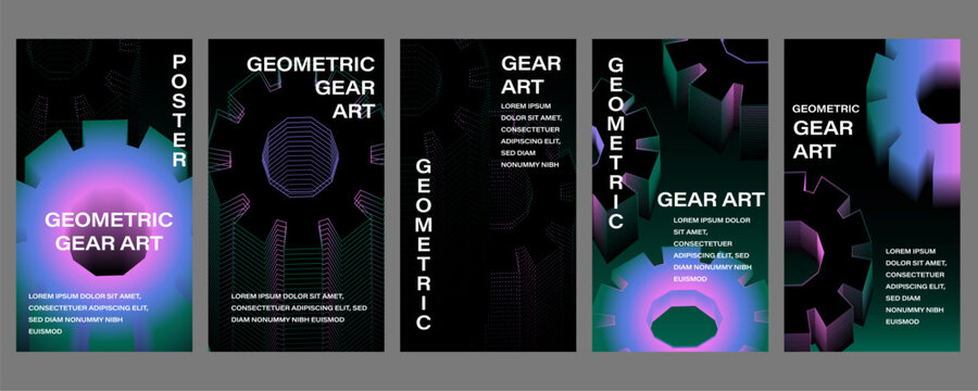 Geometric gear art poster set with mechanical cogwheel, industrial turbine and abstract neon gradient backgrounds in dark futuristic style